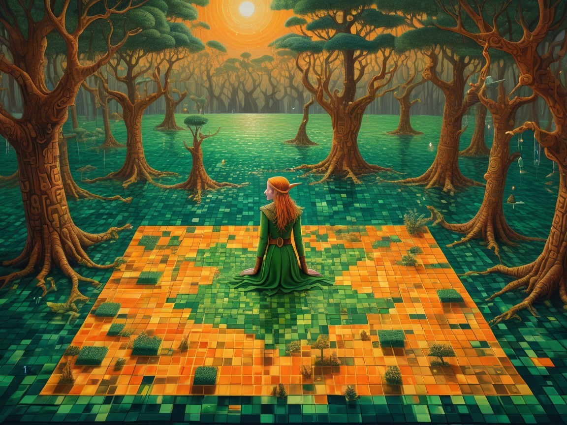 Digital Scene of Cloaked Figure by Pixelated Lake