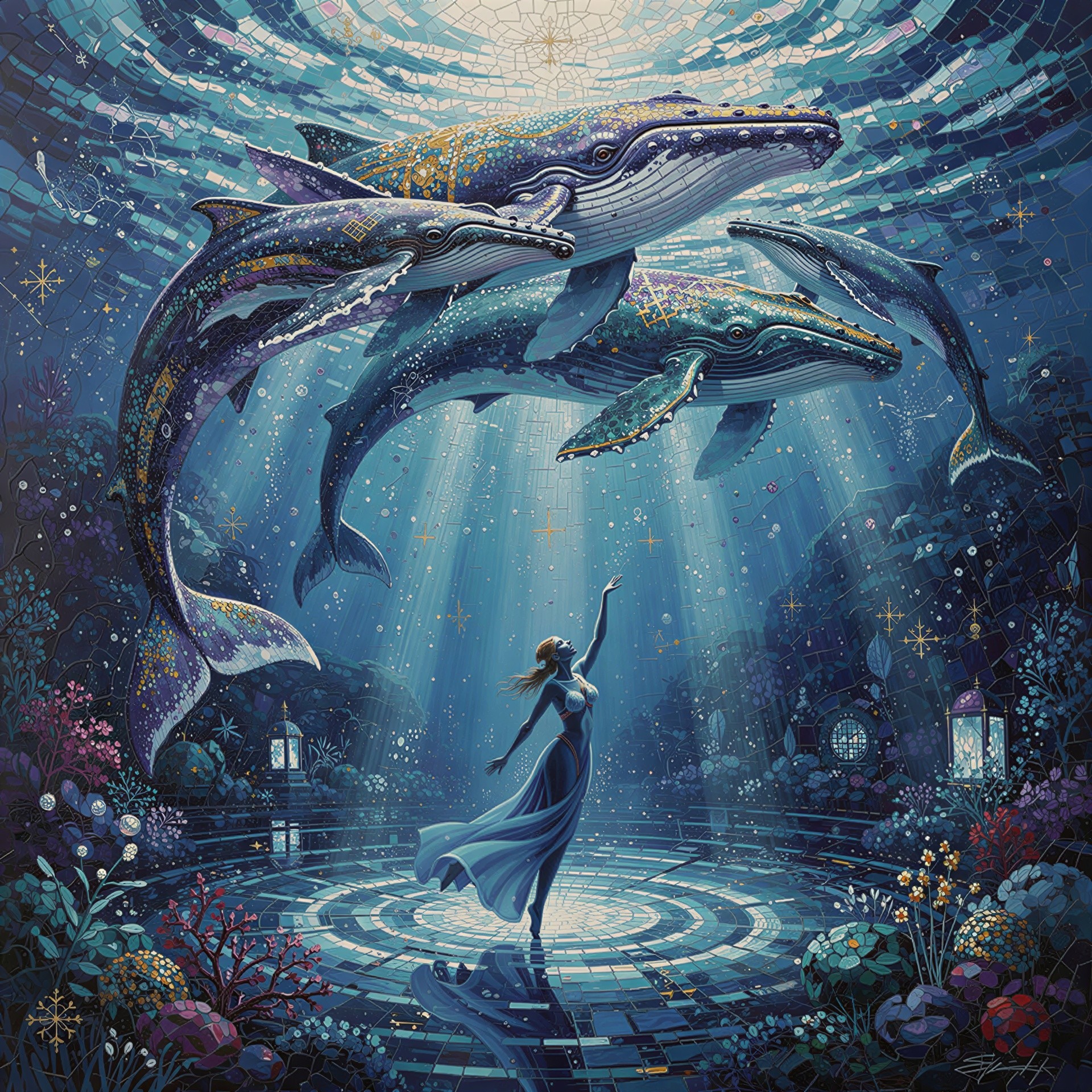 Intricate underwater mosaic artwork featuring a dancing woman