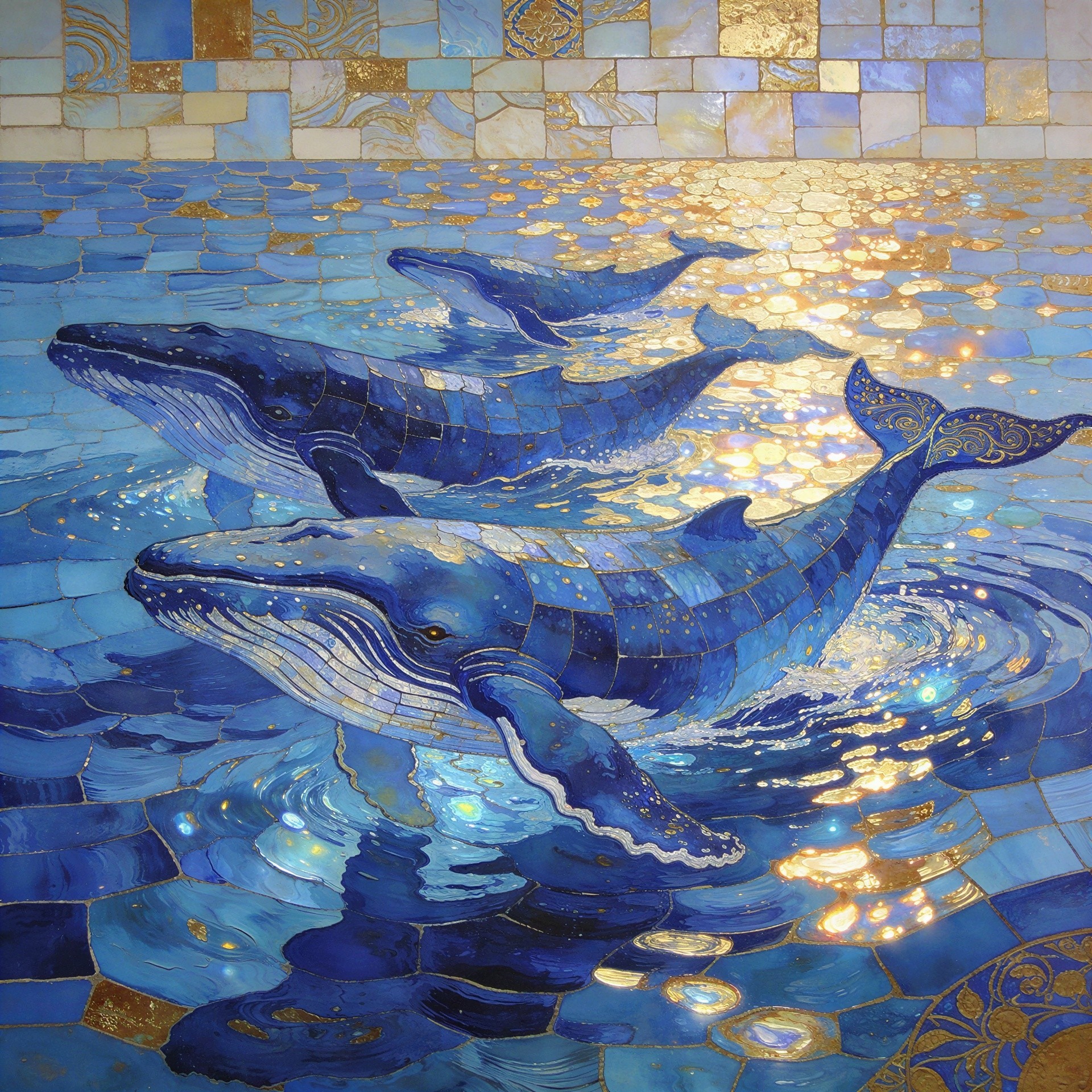 Mosaic Art of Blue Whales in Glittering Water