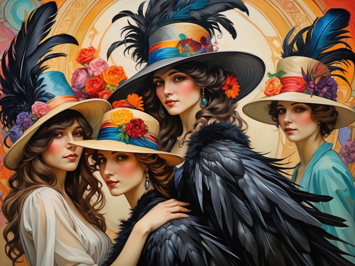Elegant Women in Ornate Hats with Glamorous Makeup