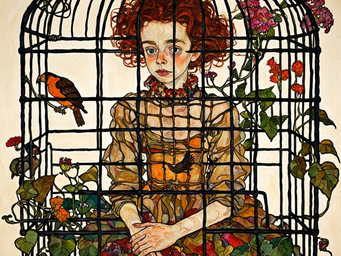 Young girl in ornate birdcage with flowers and leaves