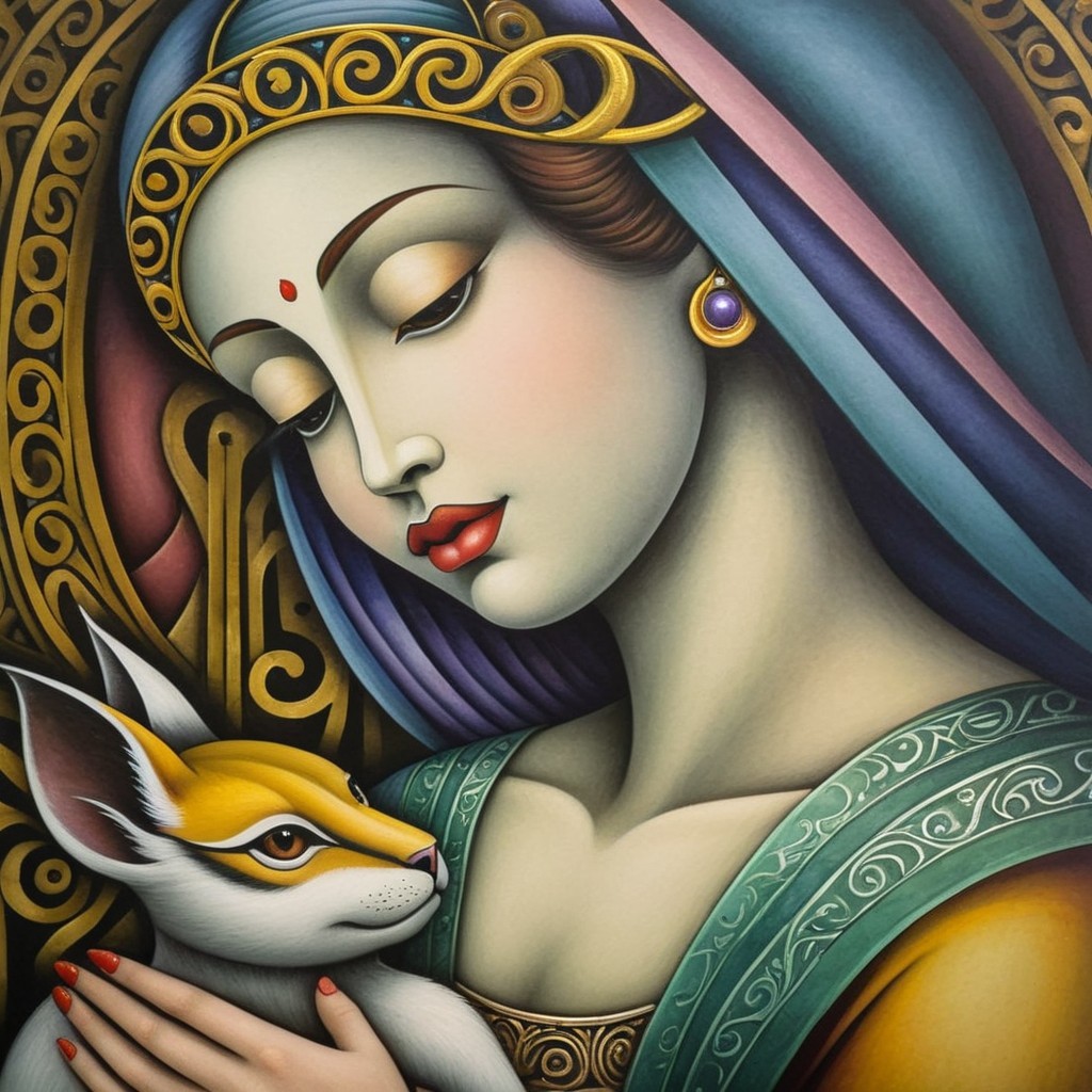 Serene Woman with Fox in Intricate Patterned Background