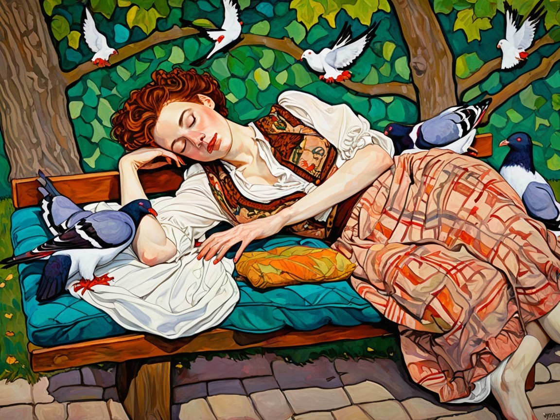 Woman with Red Hair Sleeping Among Playful Pigeons
