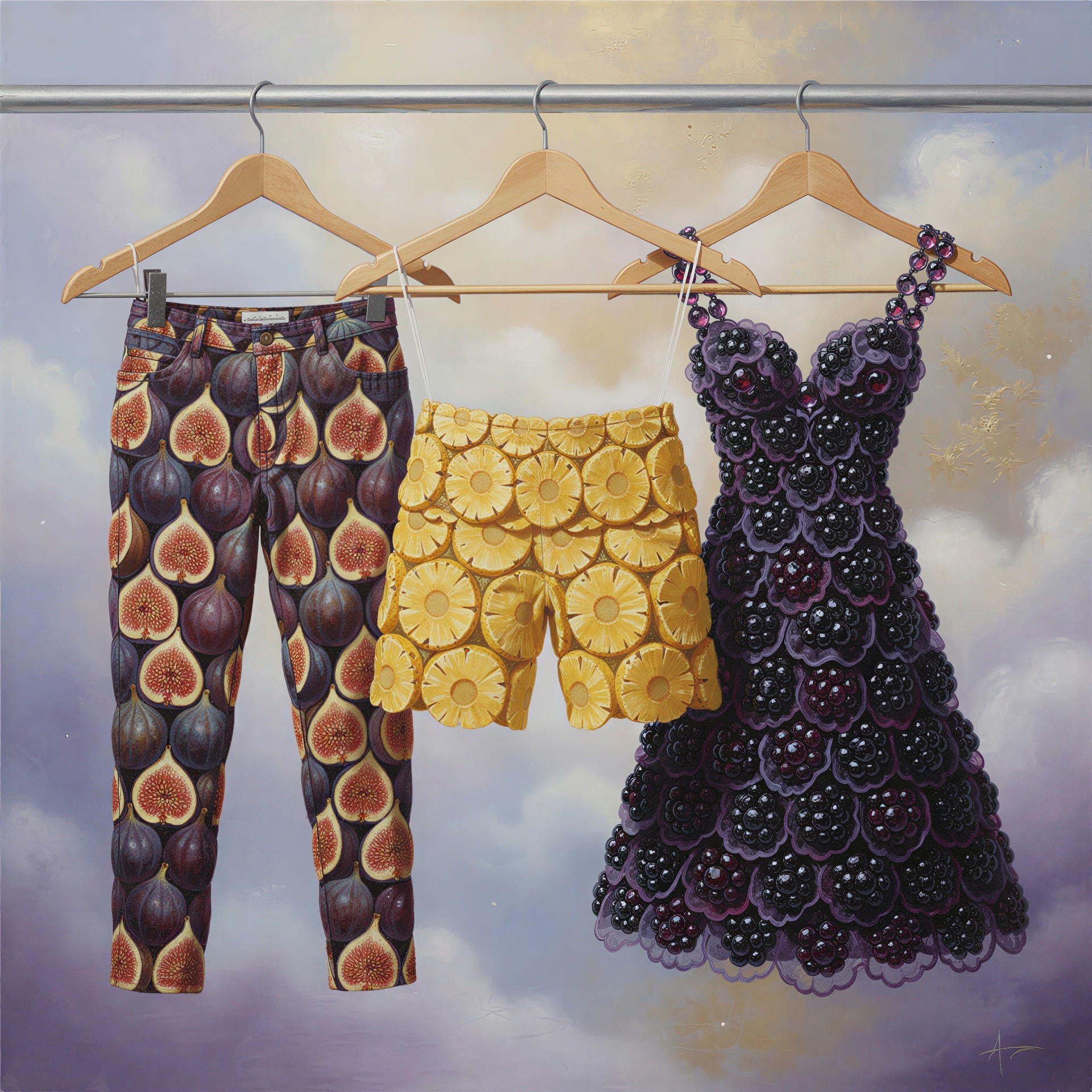 Surrealist Still Life of Fruit-Themed Garments on Line