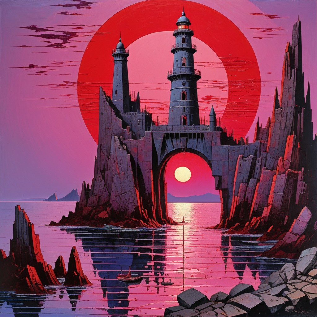 Surreal Landscape with Lighthouses and Red Sun