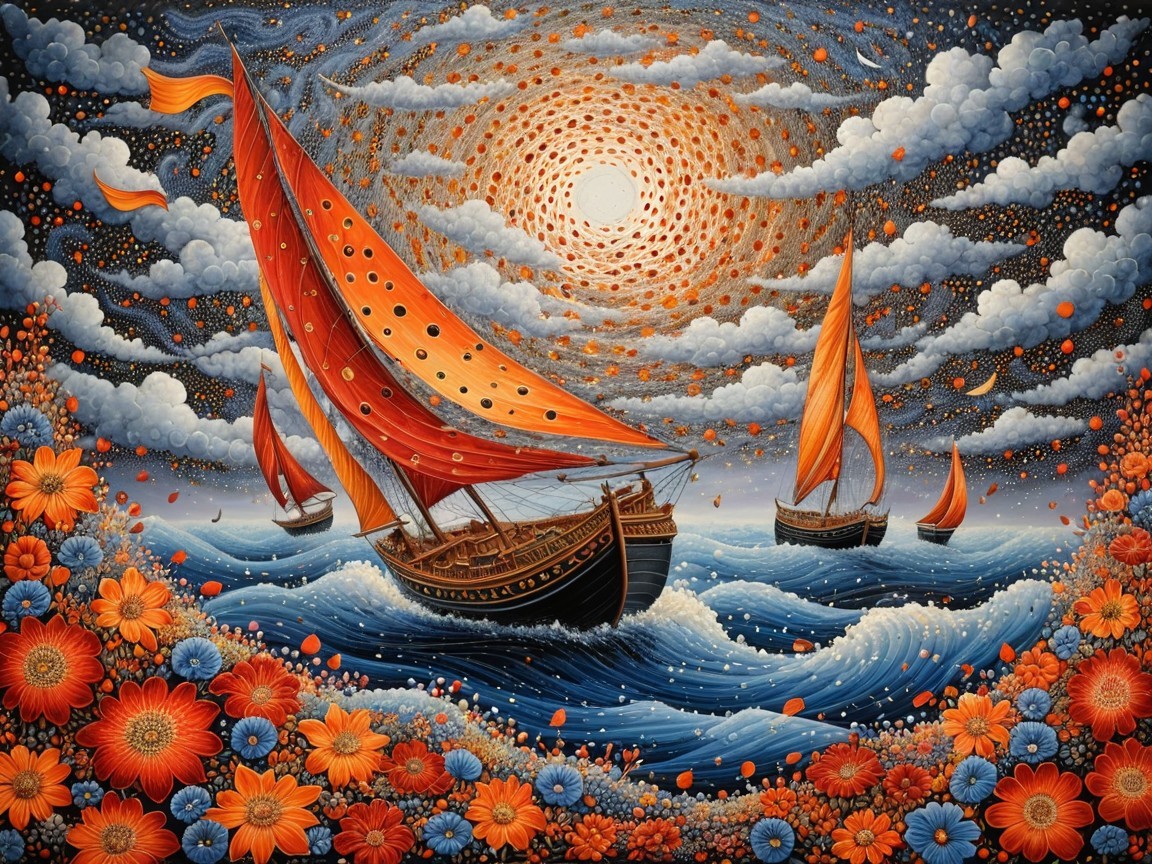 Vibrant seascape with ships, flowers, and swirling clouds
