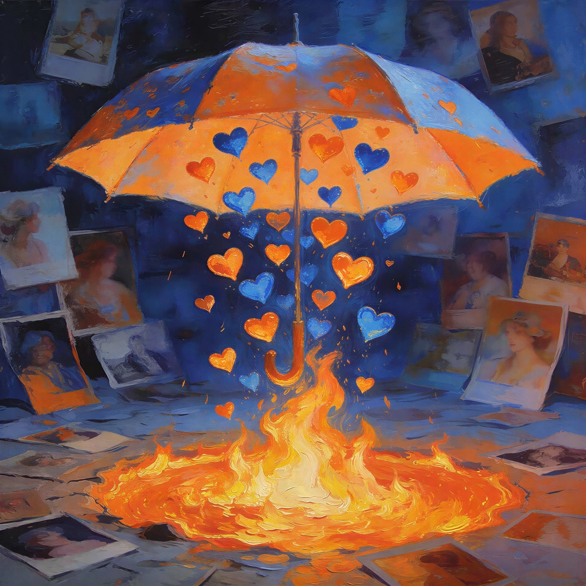Oil Painting of Umbrella in Rain with Floating Hearts