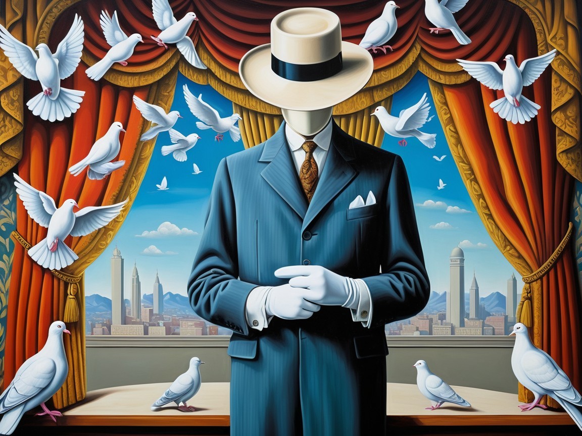 Surreal Scene of Figure in Suit with Doves and Drapes