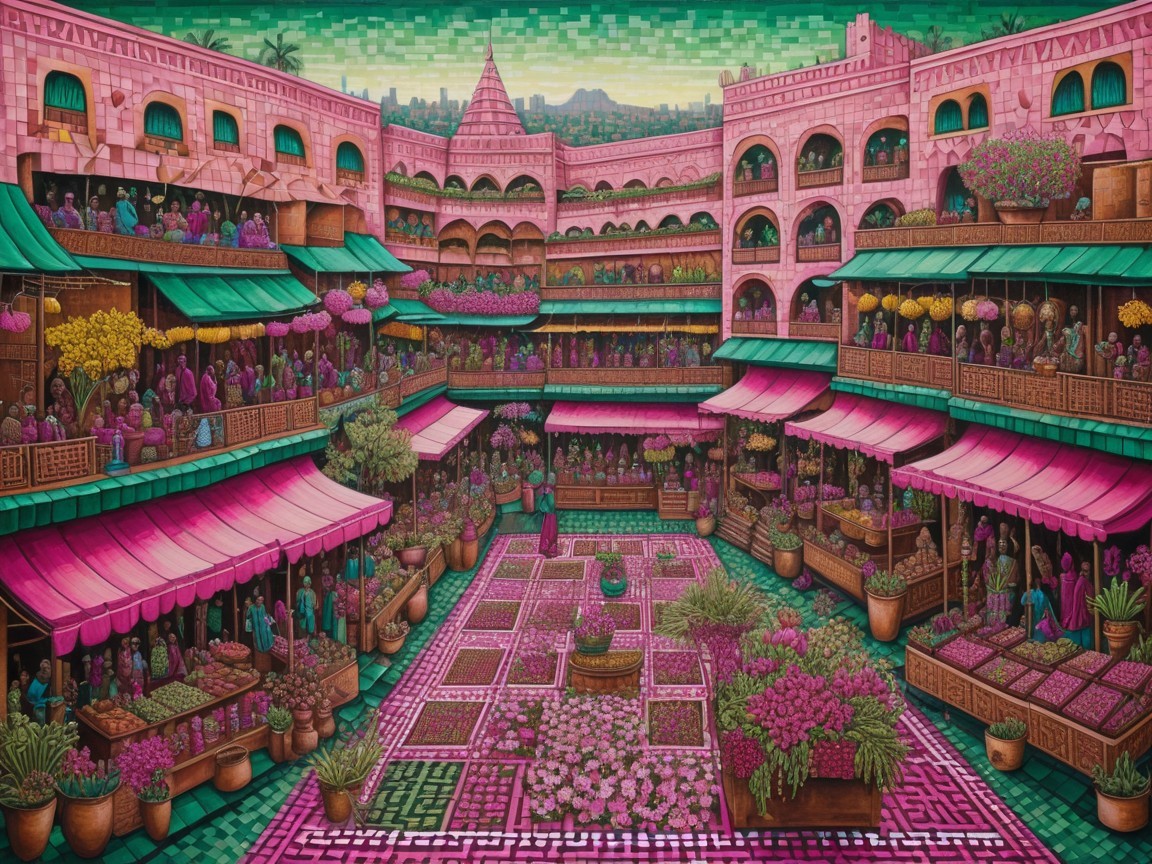 Vibrant Marketplace with Colorful Buildings and Flowers