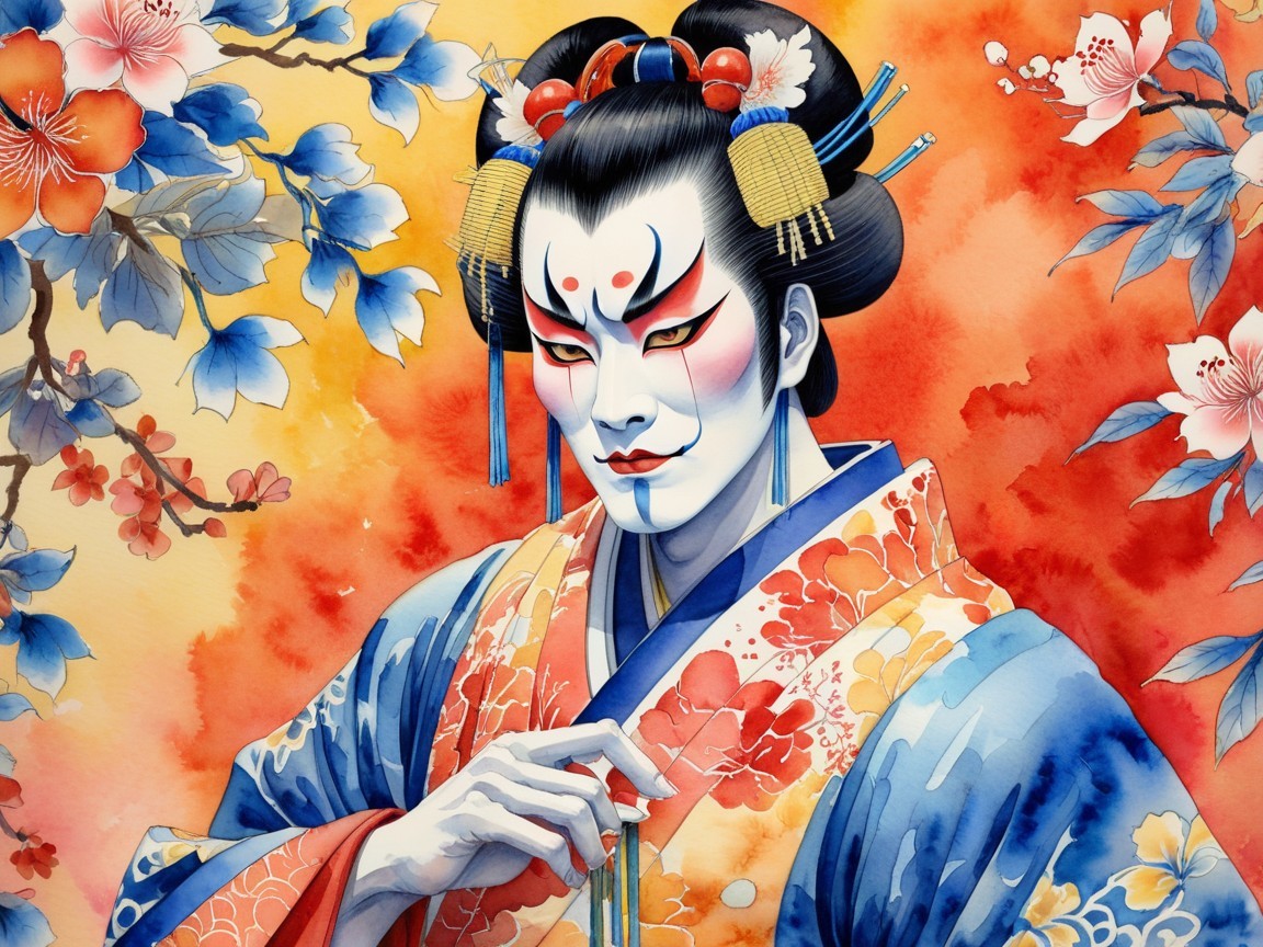 Traditional Japanese Figure in Vibrant Floral Attire