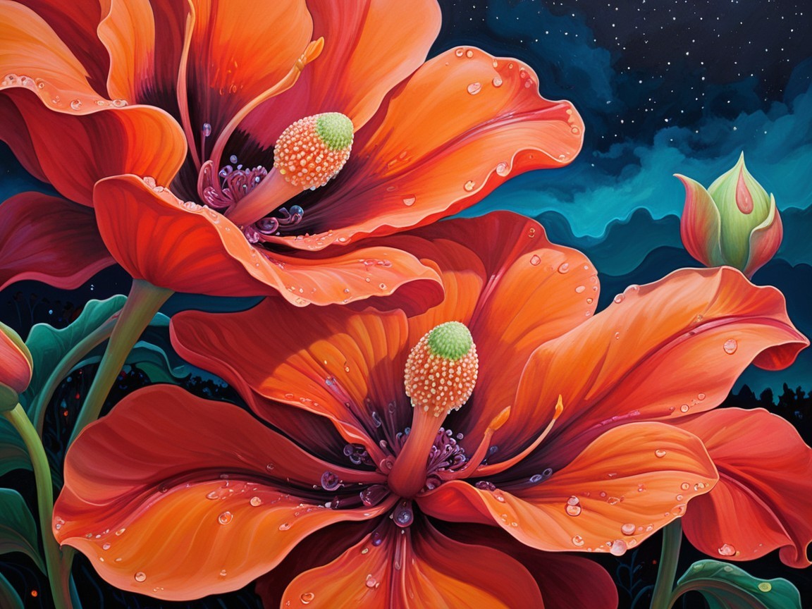 Vibrant Illustration of Orange Flowers Against Blue Sky