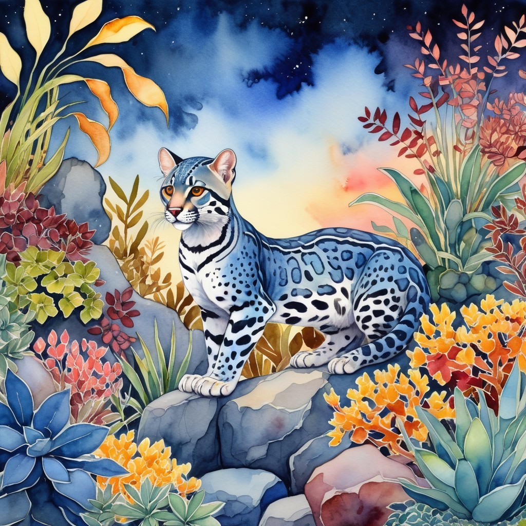 Leopard Cat Resting in a Colorful Landscape Scene