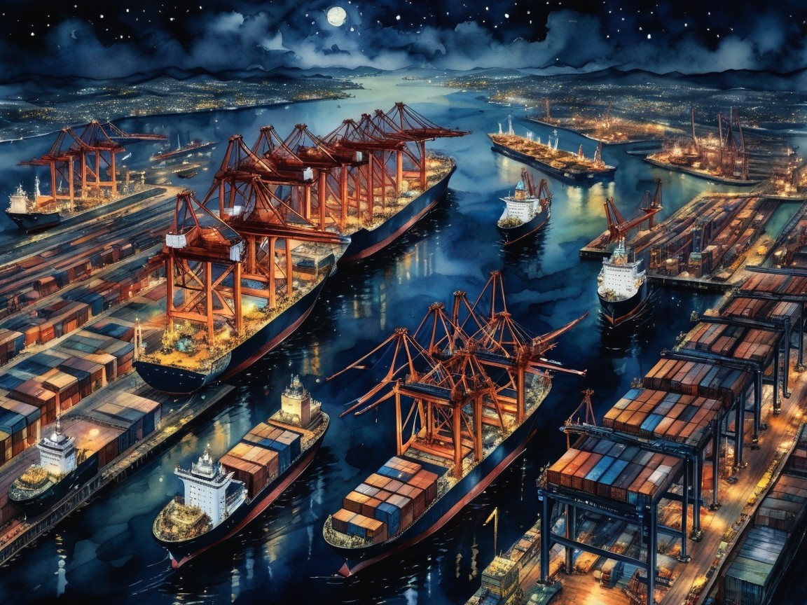 Nighttime Harbor Scene with Ships and City Skyline