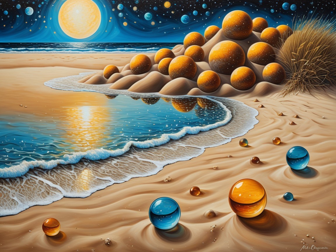 Surreal Beach Scene at Twilight with Moon and Marbles