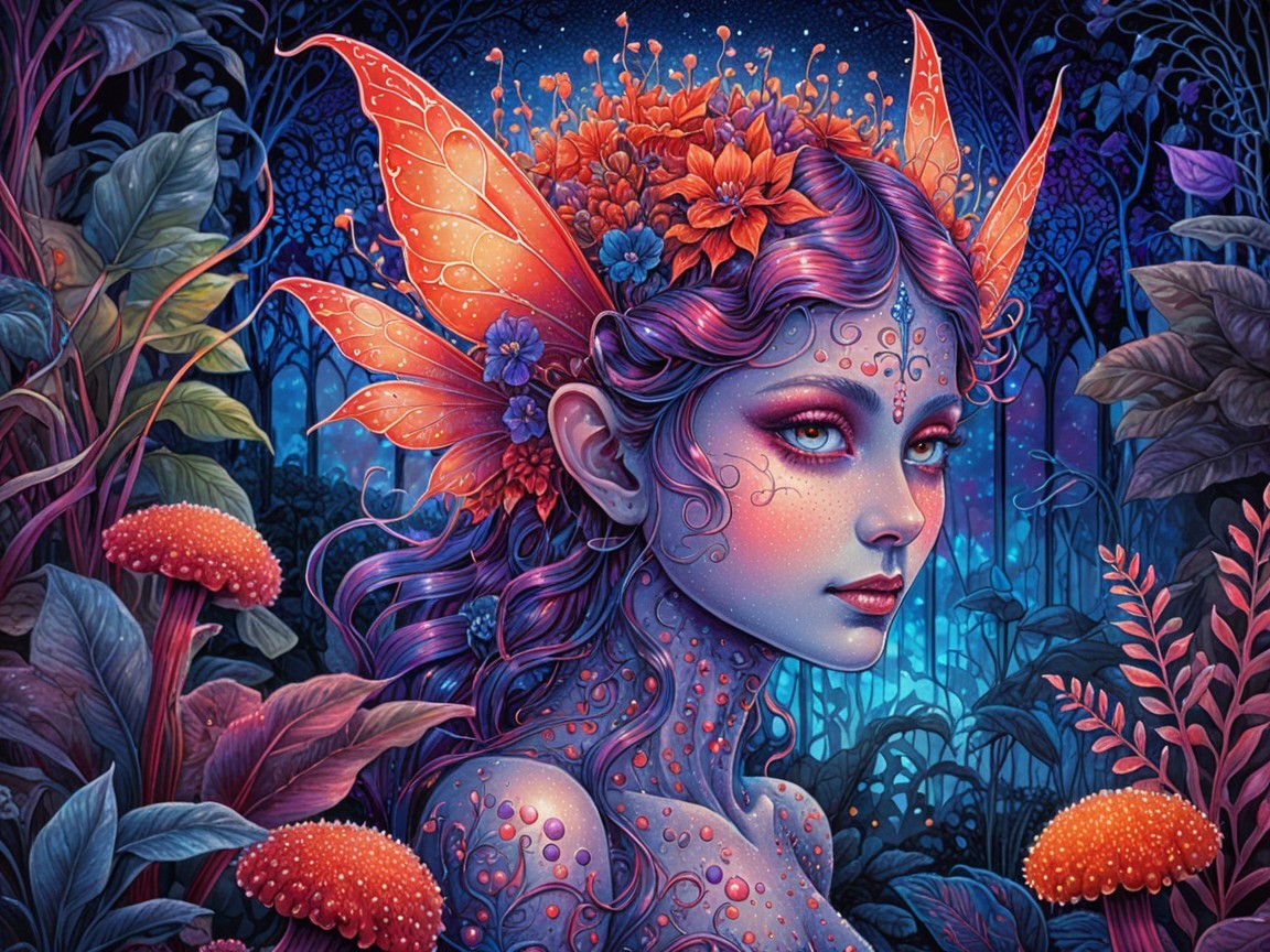 Mystical Fairy with Orange Butterfly Wings Illustration