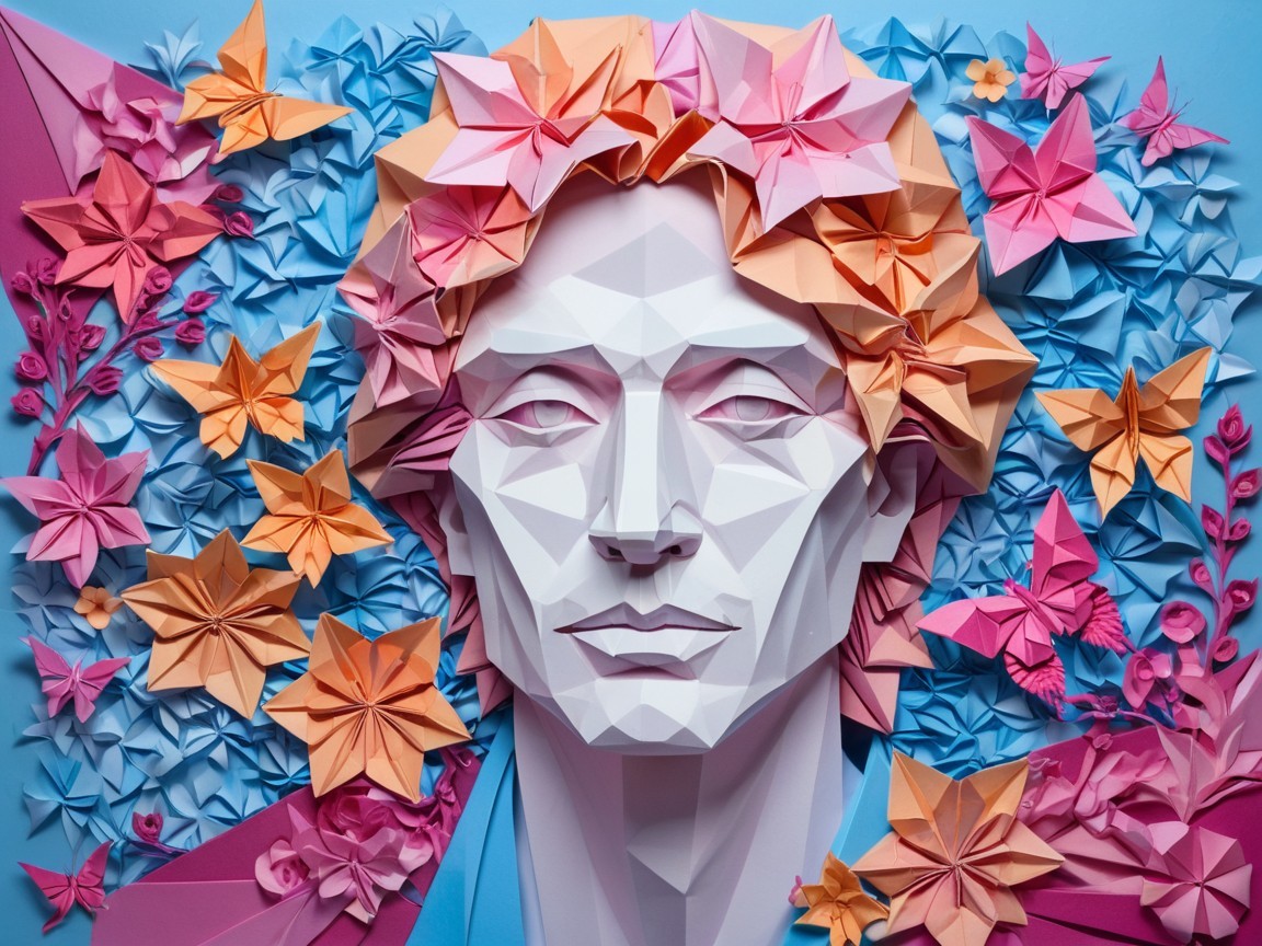 Paper Sculpture with White Facade and Colorful Flora