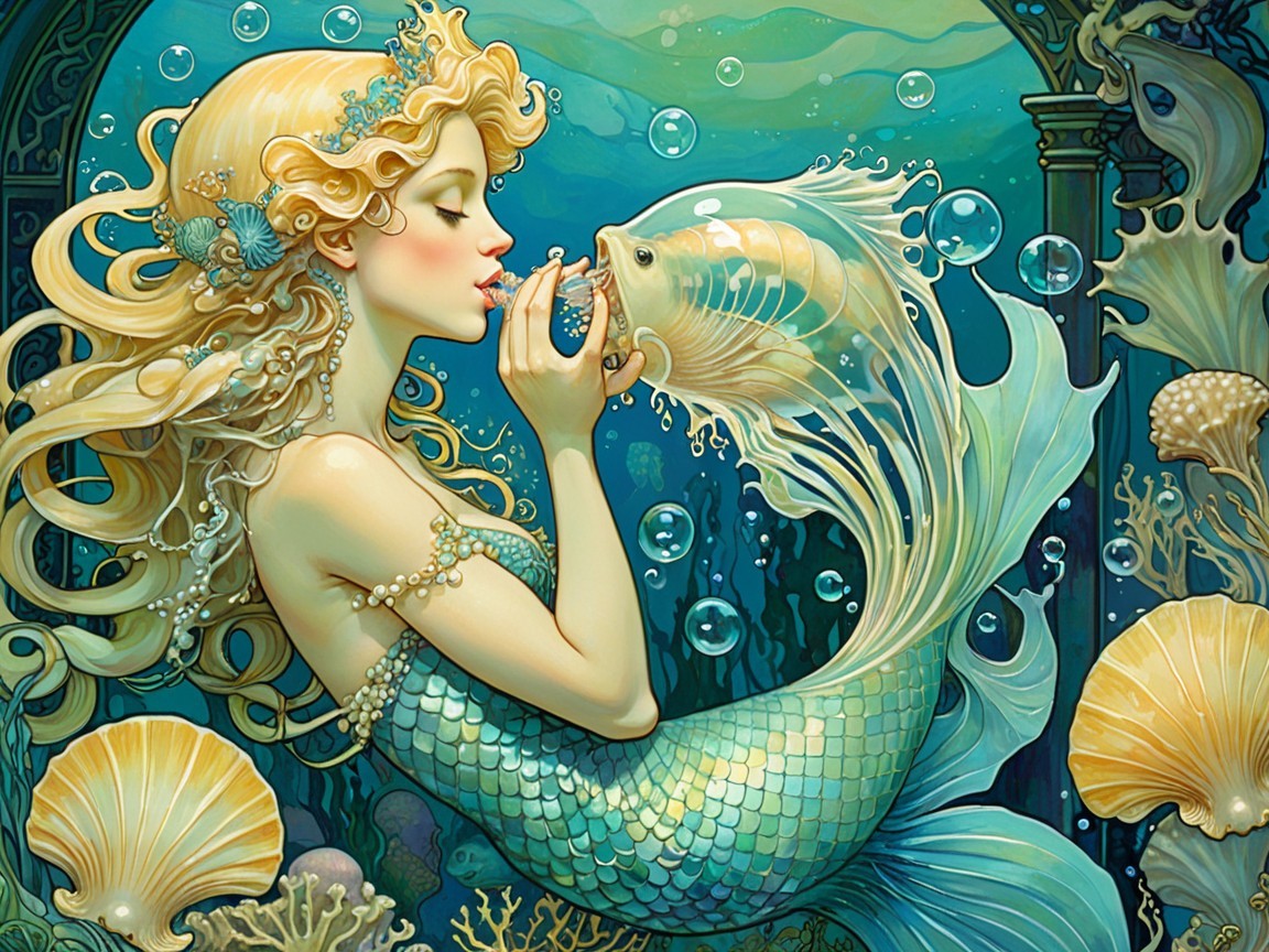 Mermaid with Golden Hair Surrounded by Sea Life