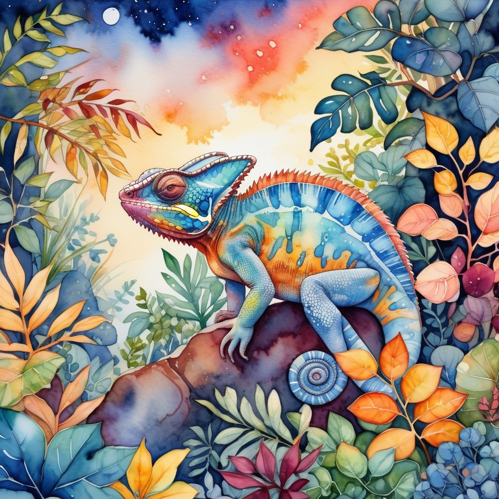 Chameleon on Rock Amidst Colorful Foliage and Twilight