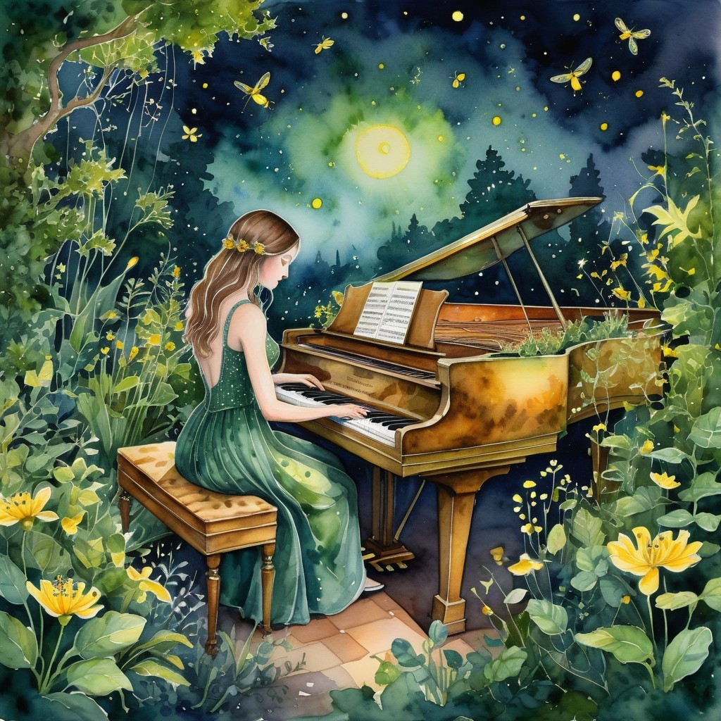 Young Woman in Green Dress Playing Piano at Night