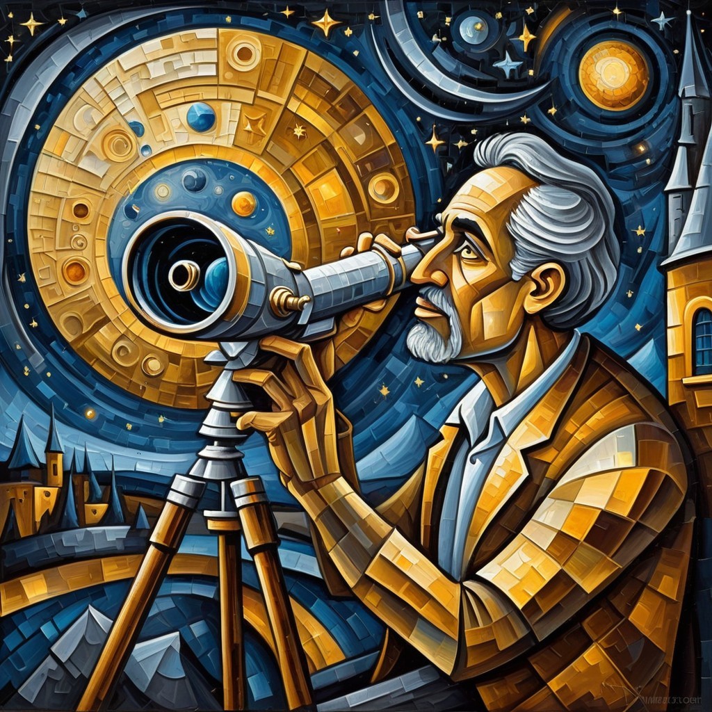 Elderly Man Gazing at Night Sky Through Telescope