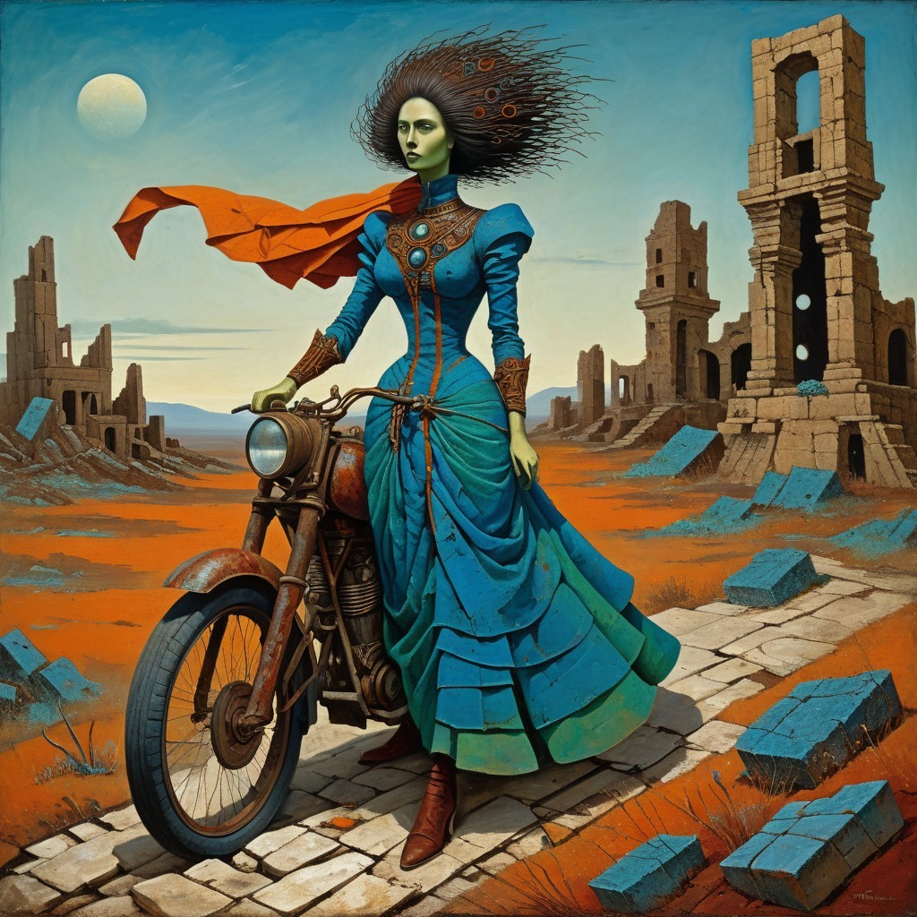 Surreal Landscape with Figure in Blue Gown on Motorcycle