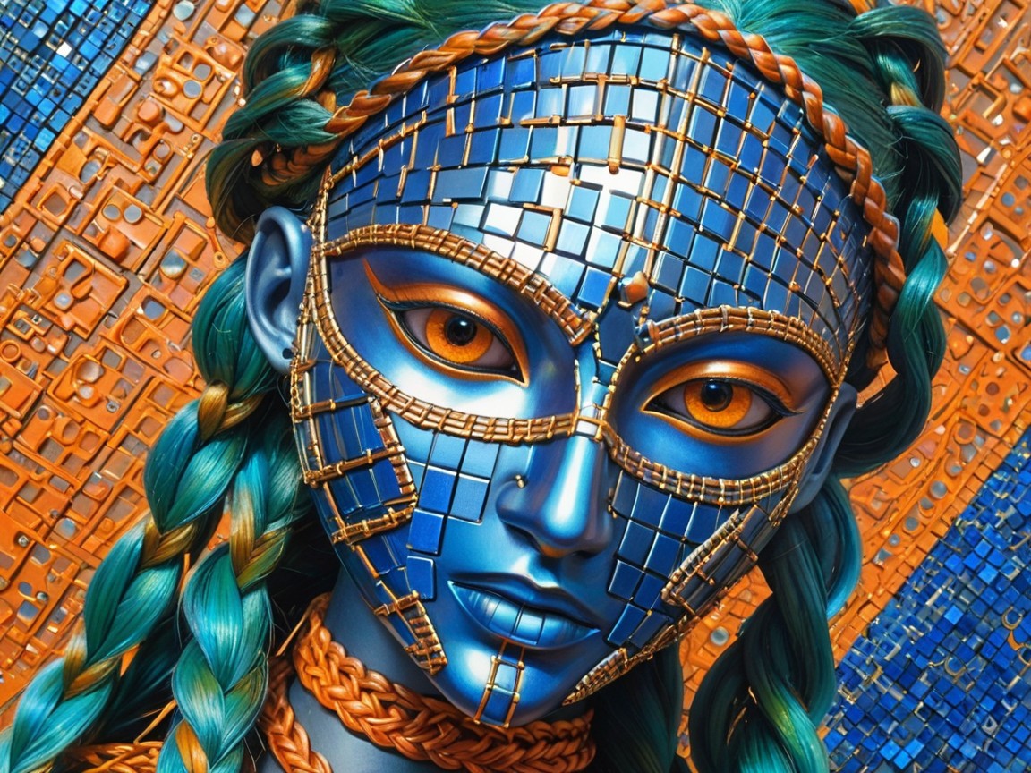 Blue-Skinned Figure with Mosaic Mask and Geometric Patterns