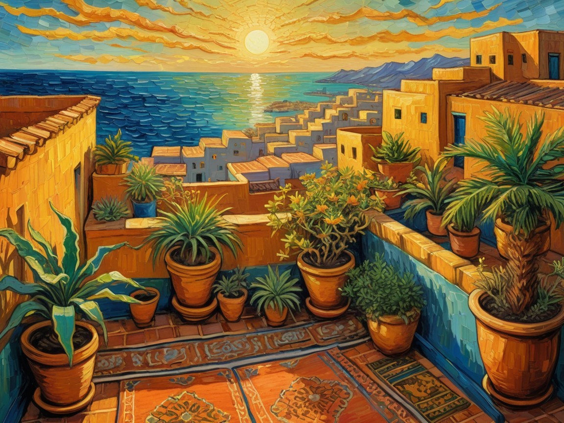Vibrant Sunset Over Coastal Town with Lush Balcony