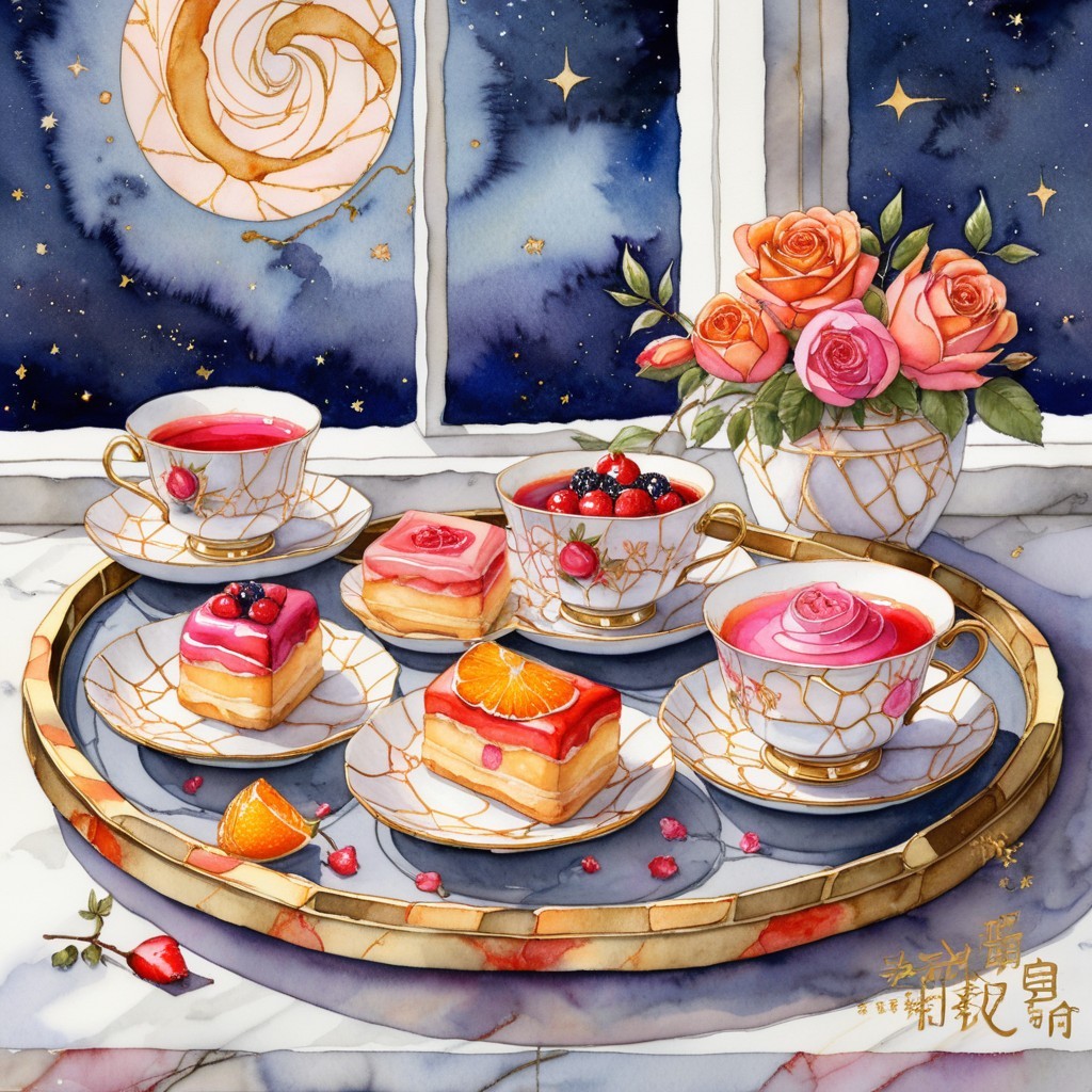 Elegant Tea Set with Desserts and Roses on Tray
