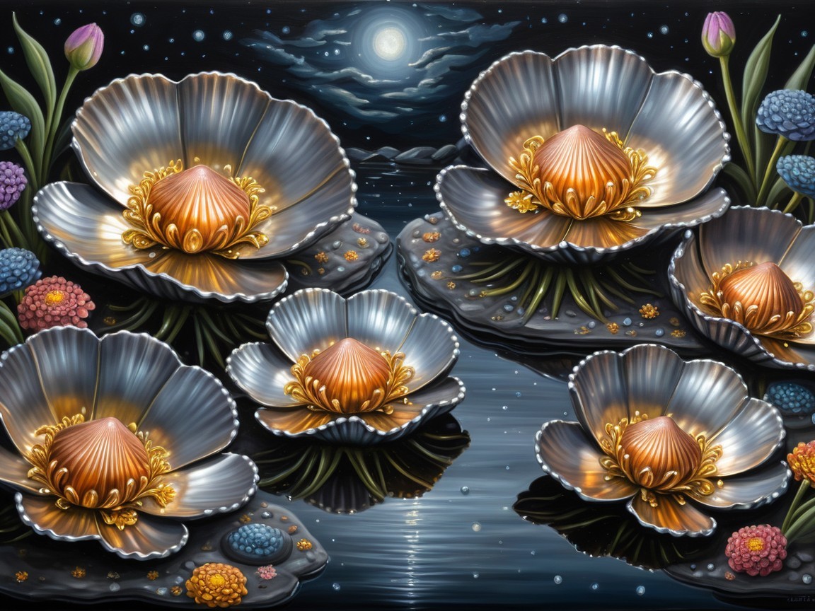 Ornate Silver and Gold Flowers on Dark Waters