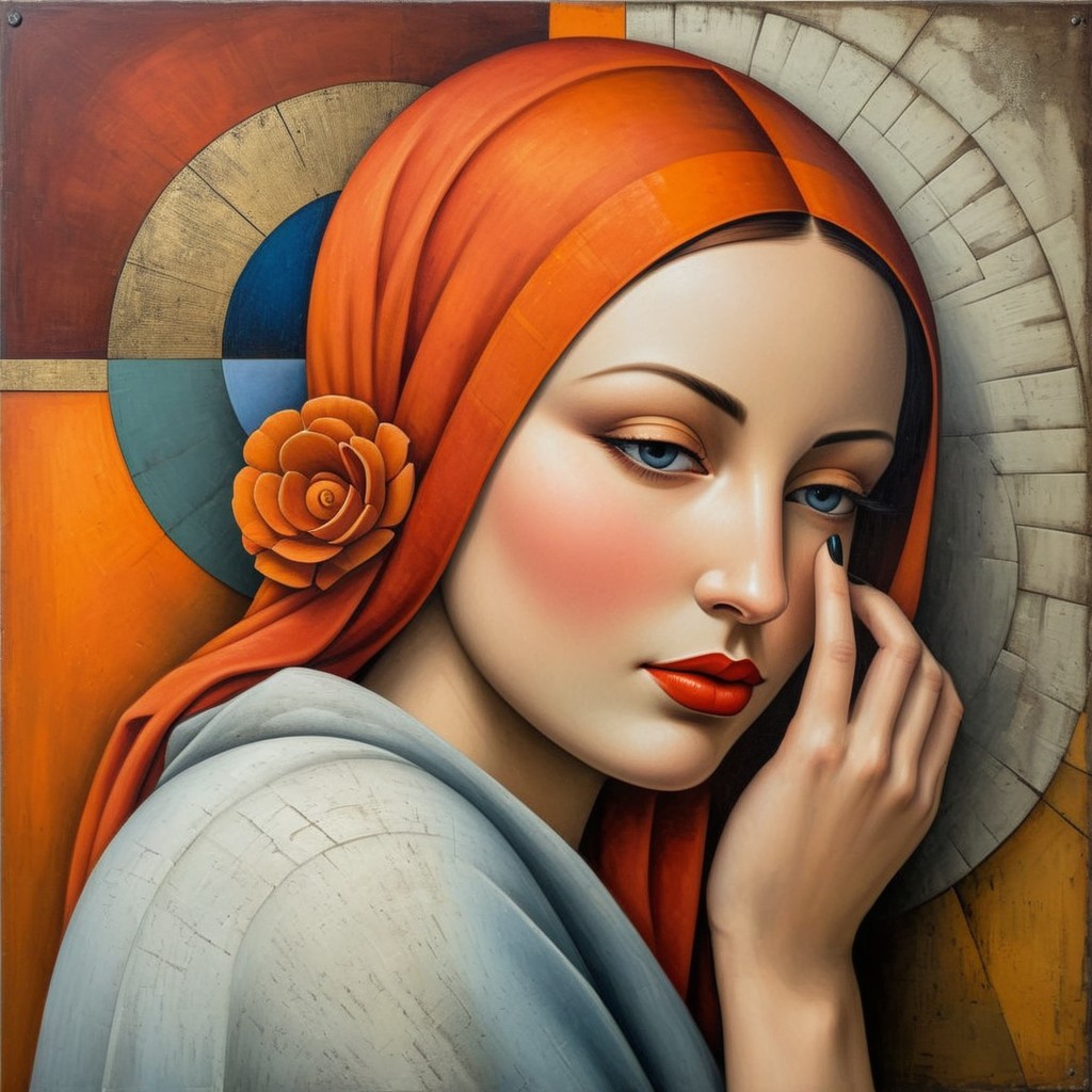 Woman in Orange Headscarf with Geometric Background