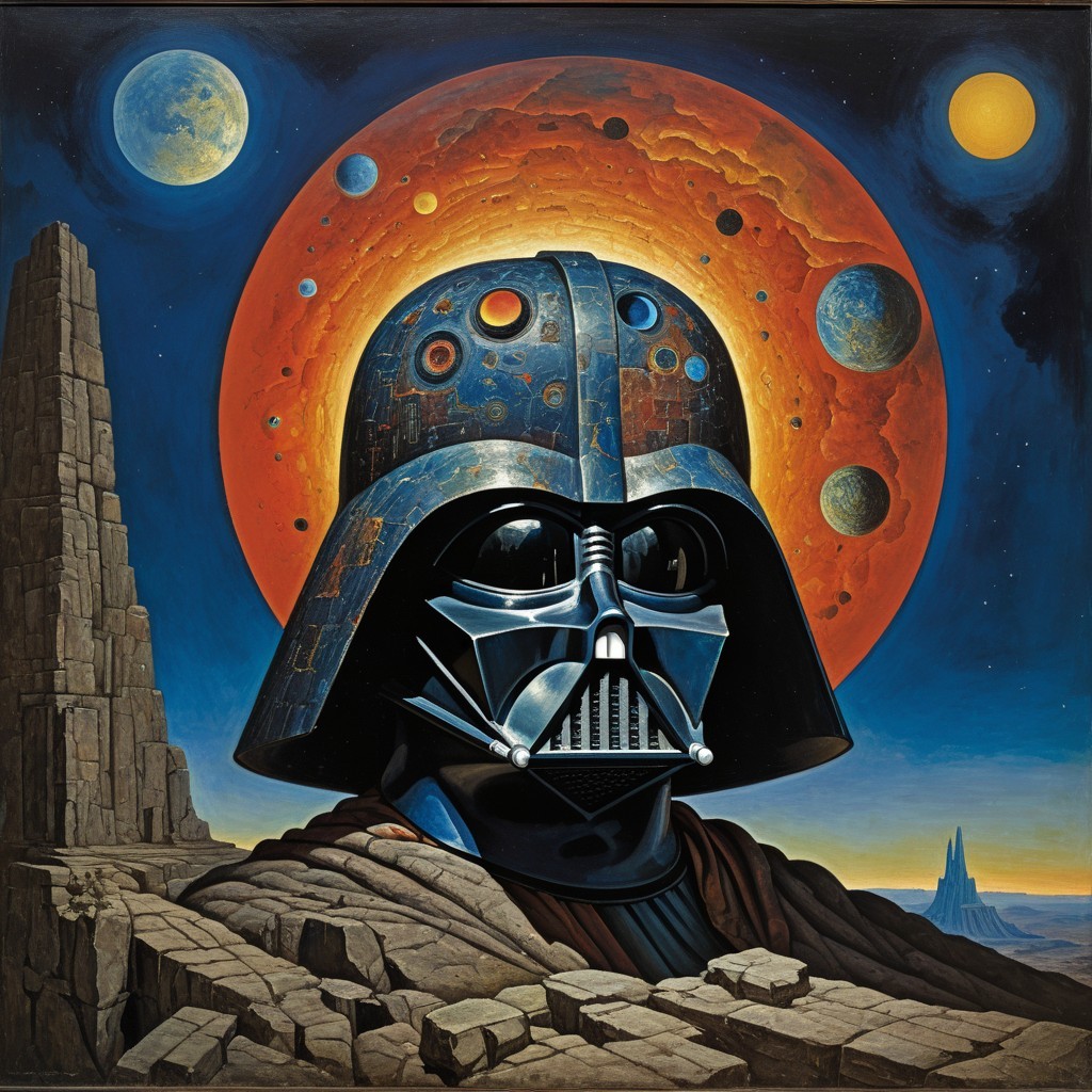 Large Robotic Helmet Against Cosmic Backdrop