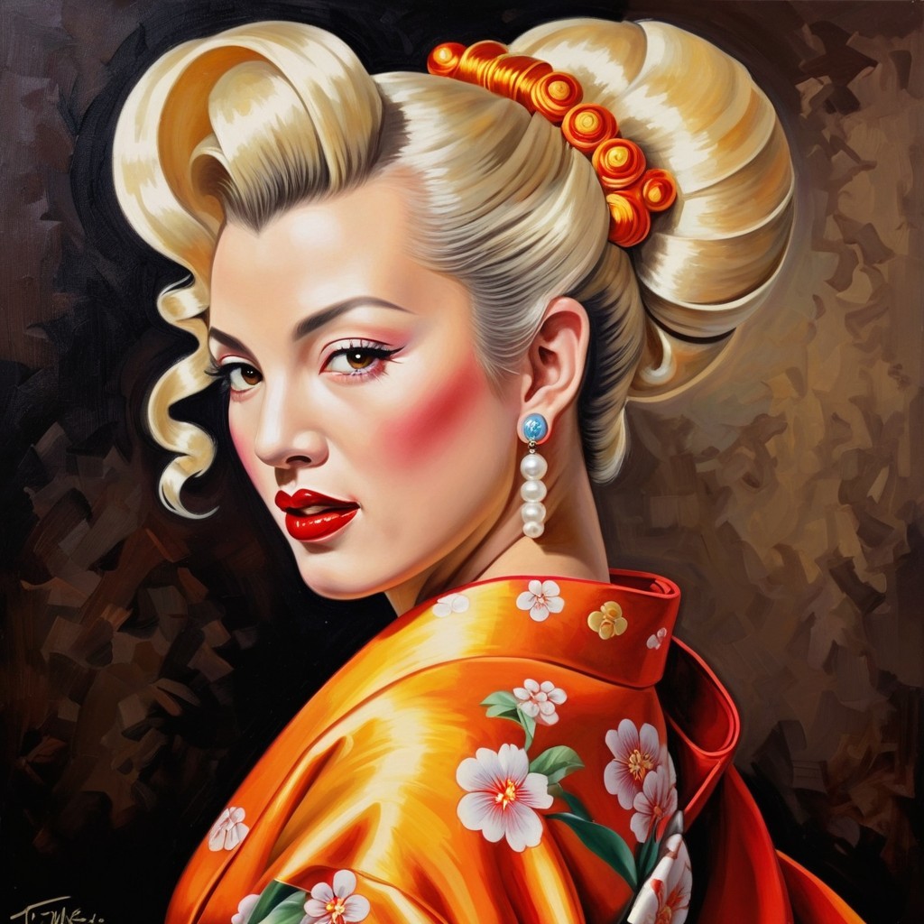 Portrait of a Woman in Elegant Orange Kimono