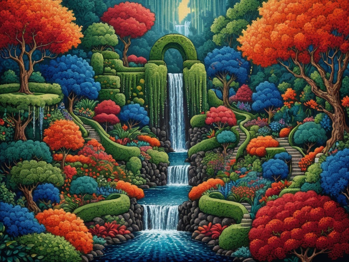 Vibrant Landscape with Waterfall and Colorful Trees