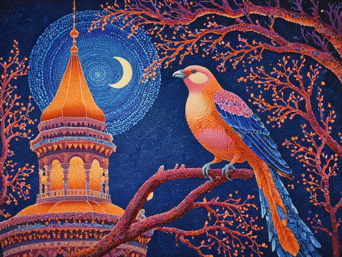 Vibrant Bird on Branch with Night Sky and Building