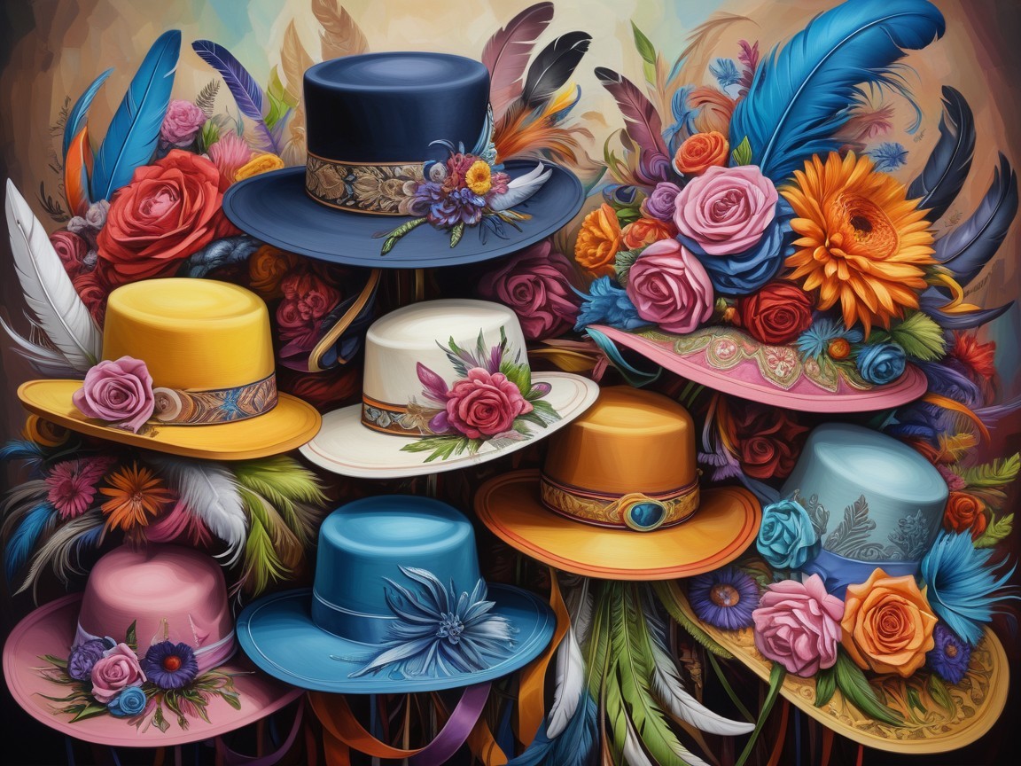 Elegant Hats Display with Floral Arrangements and Colors
