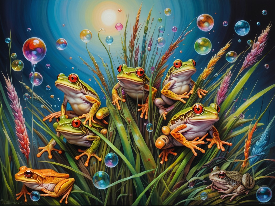 Colorful Frogs in Lush Green Grass Scene