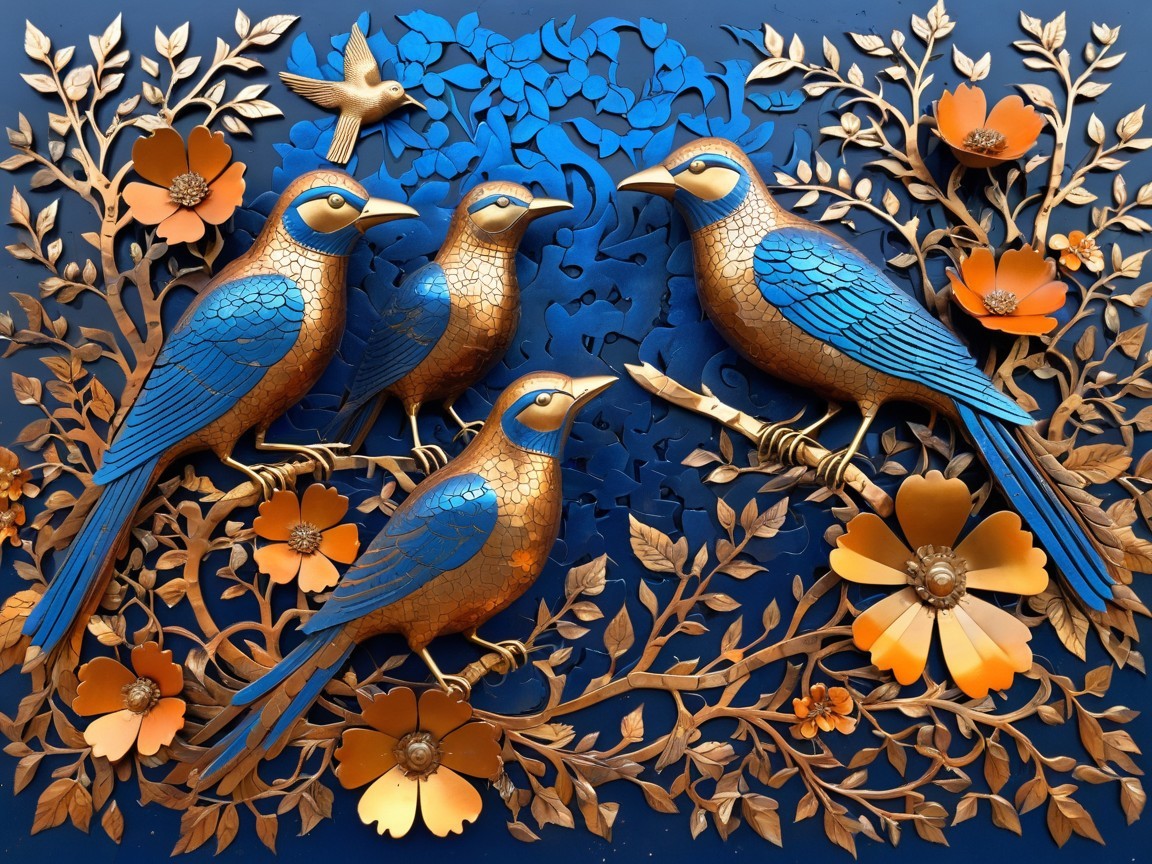 Intricate wall art with birds, branches, and flowers