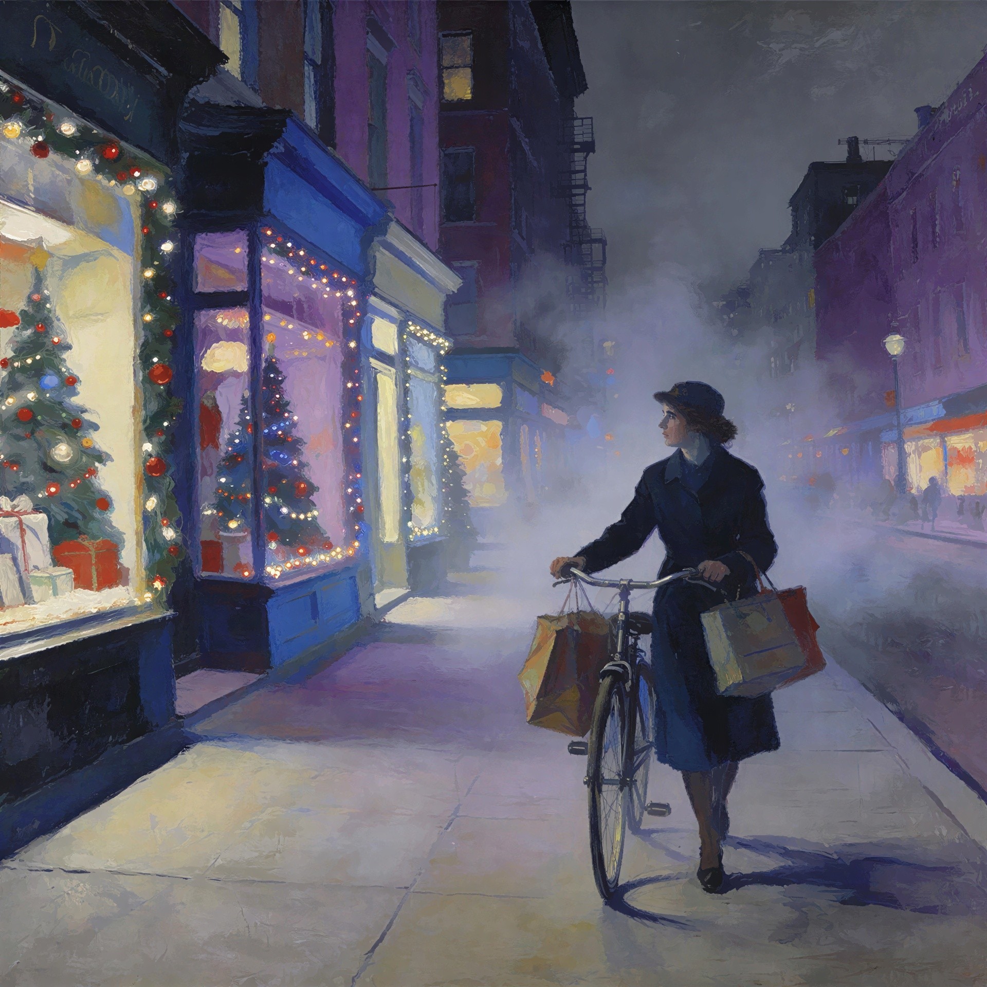Woman with Bicycle and Shopping Bags in Christmas City