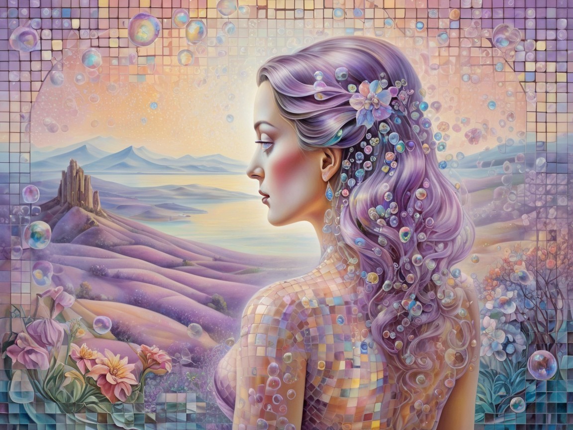 Serene Woman with Lavender Hair in Tranquil Landscape