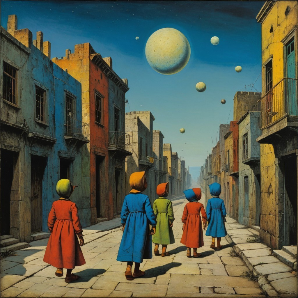 Surreal Scene of Figures in Colorful Coats and Sky