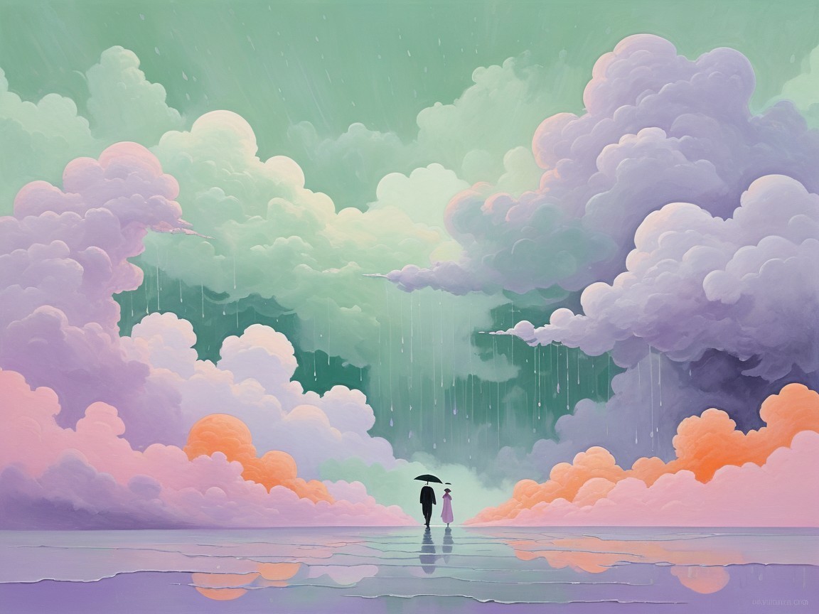 Surreal Landscape with Figures Under Umbrella and Clouds