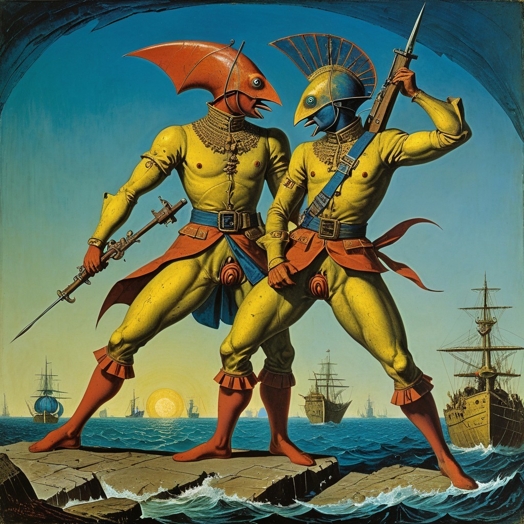 Muscular Figures with Fish Heads on Rocky Shoreline