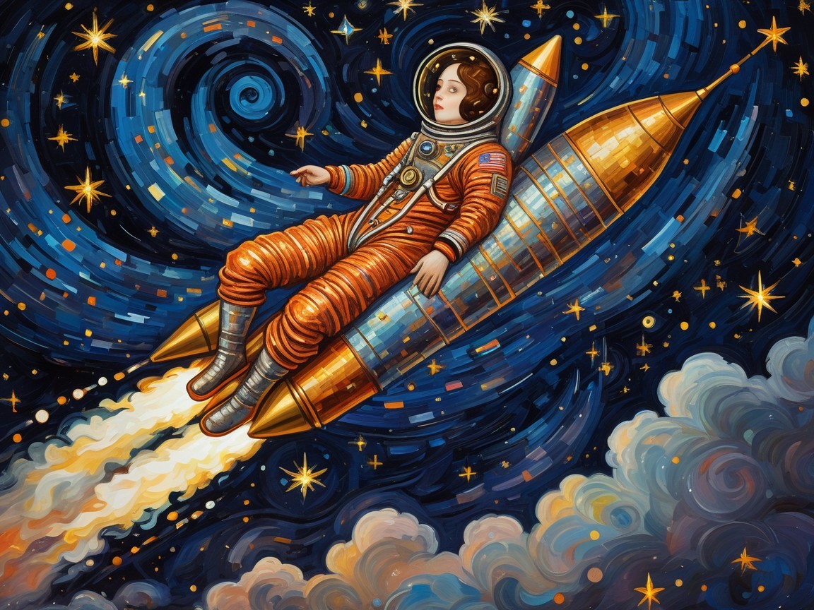 Astronaut in Orange Suit Traveling Through Vibrant Cosmos