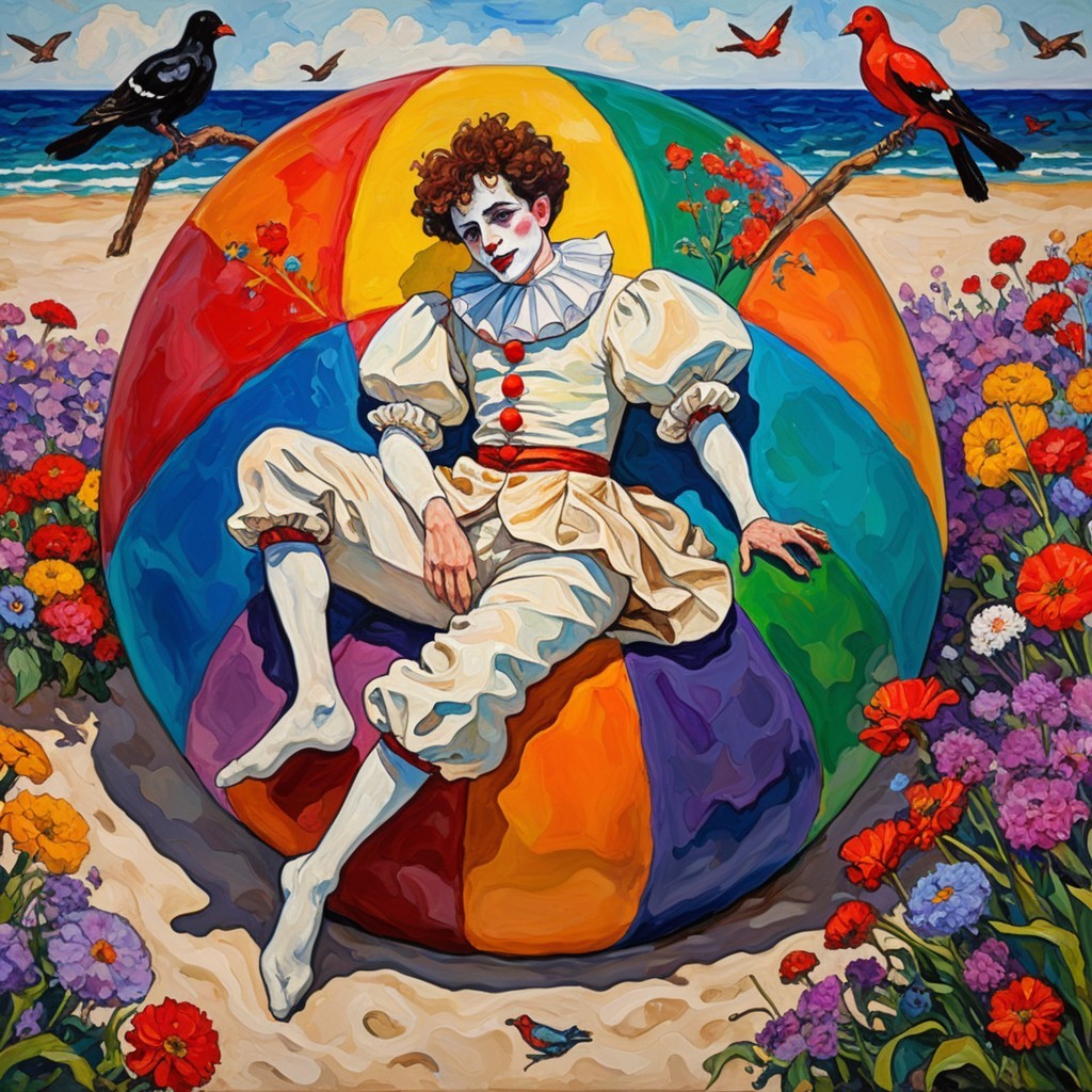 Whimsical Clown on Colorful Beach Ball in Vibrant Scene