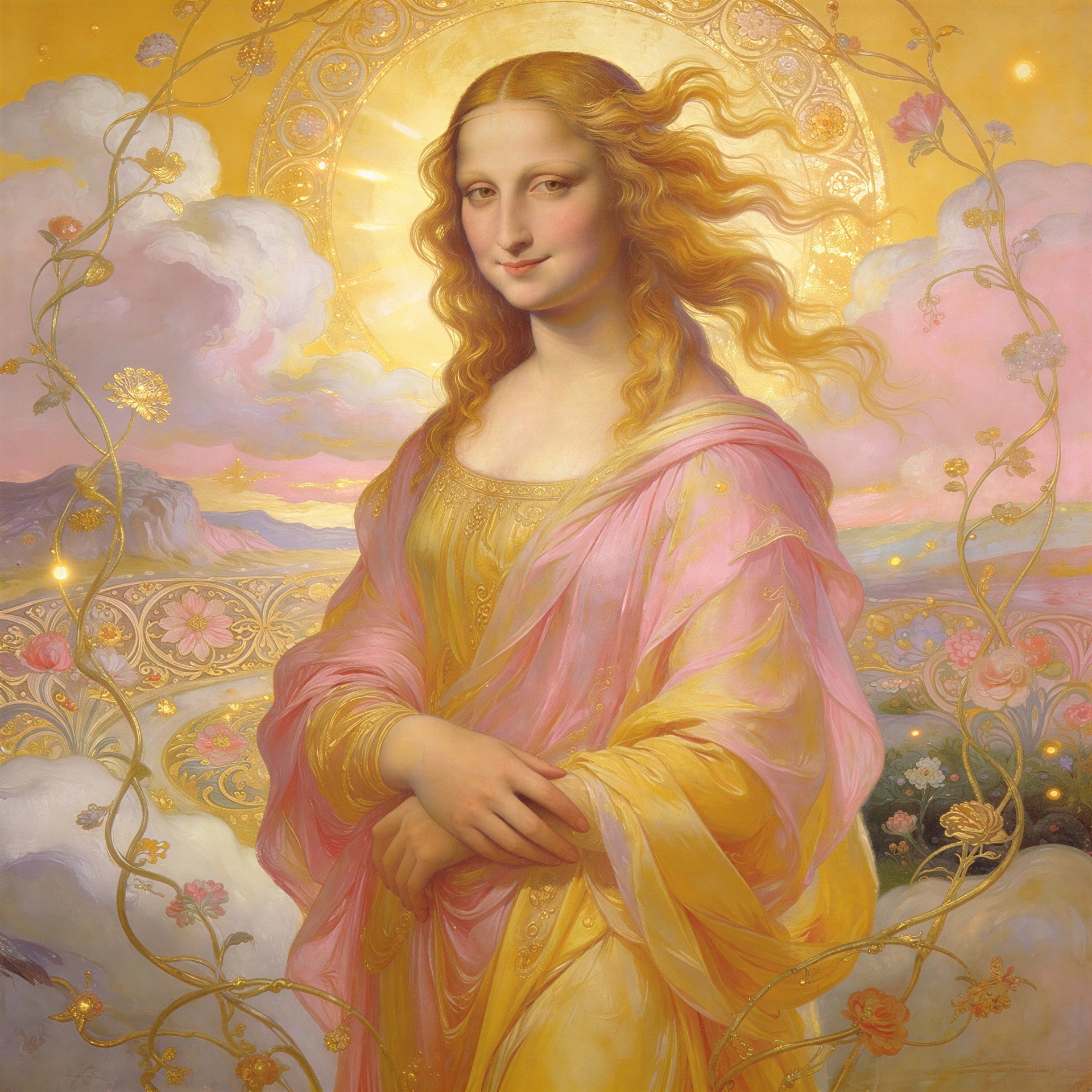 Oil Painting of a Blonde Mona Lisa with Gold Accents