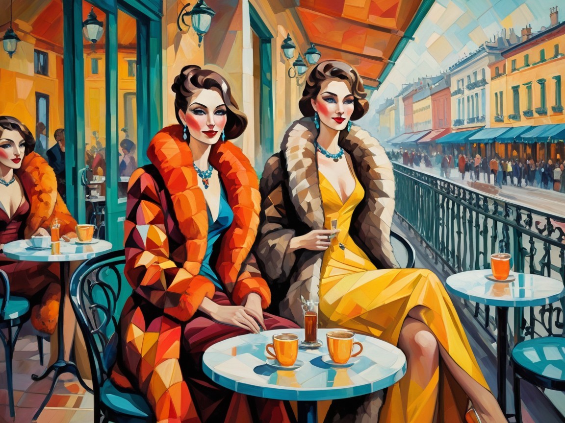 Elegant Women at Café Table on Vibrant Street