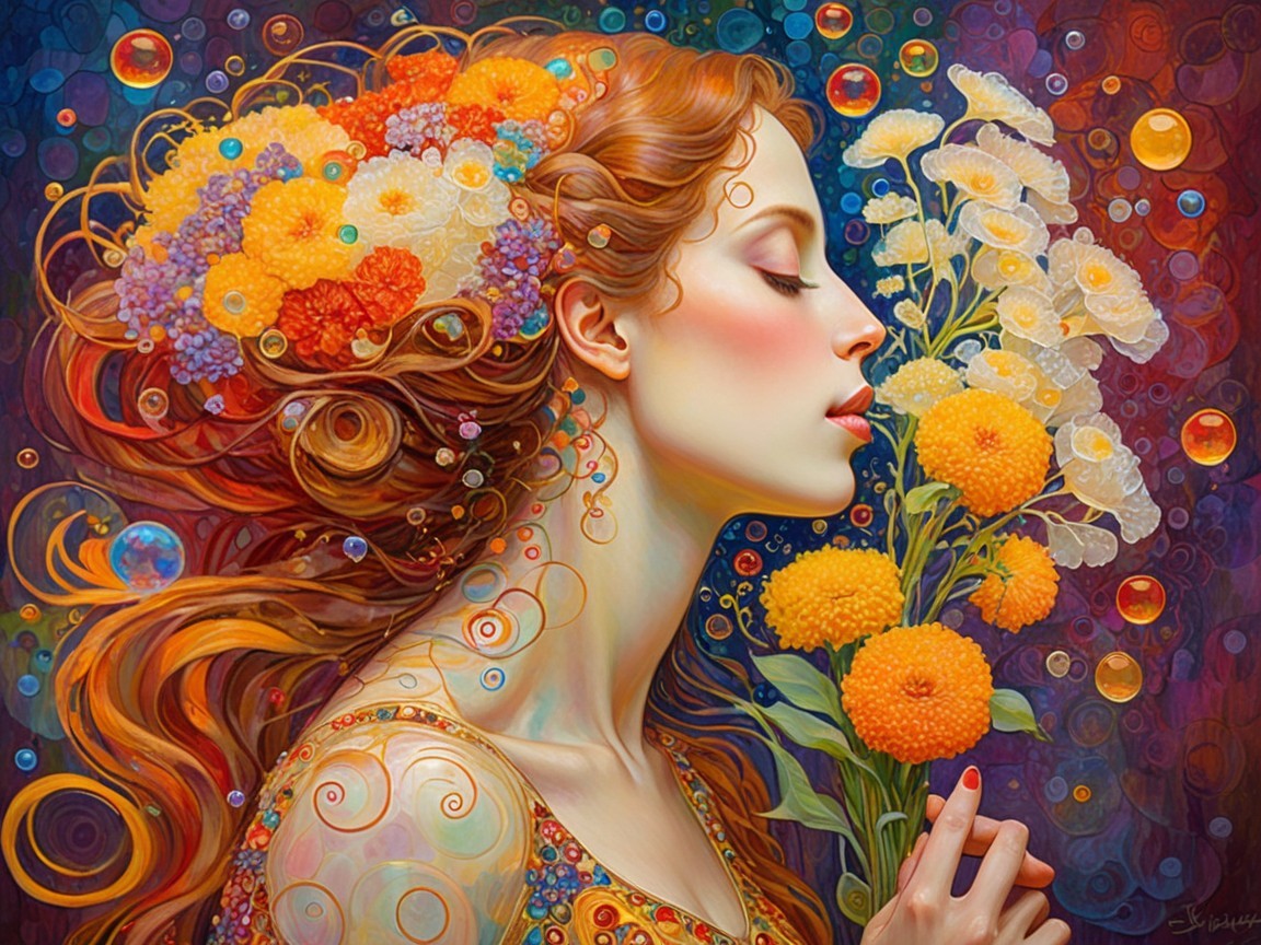 Woman with Red Hair Surrounded by Floral Elements