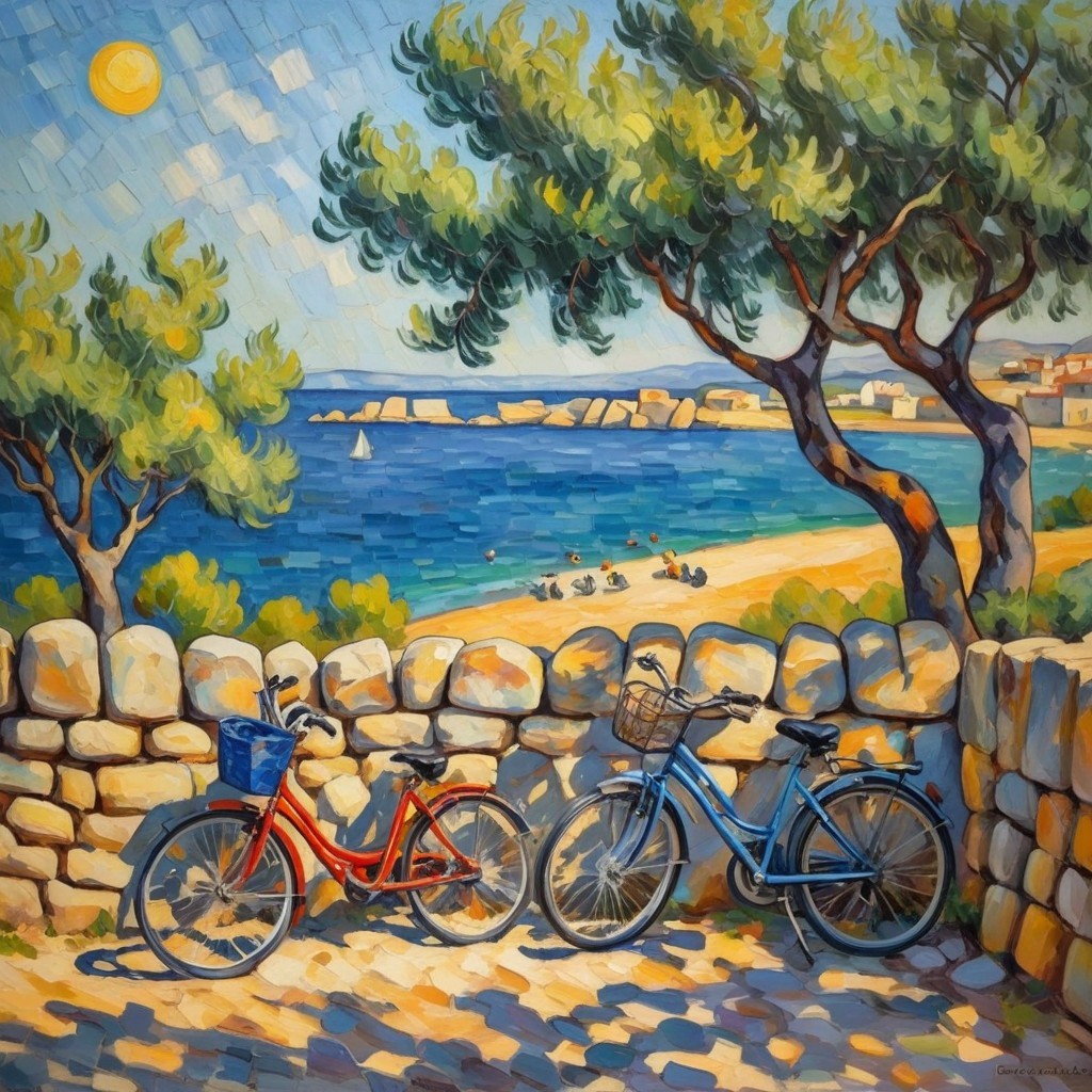 Coastal Scene with Bicycles and Sandy Beach
