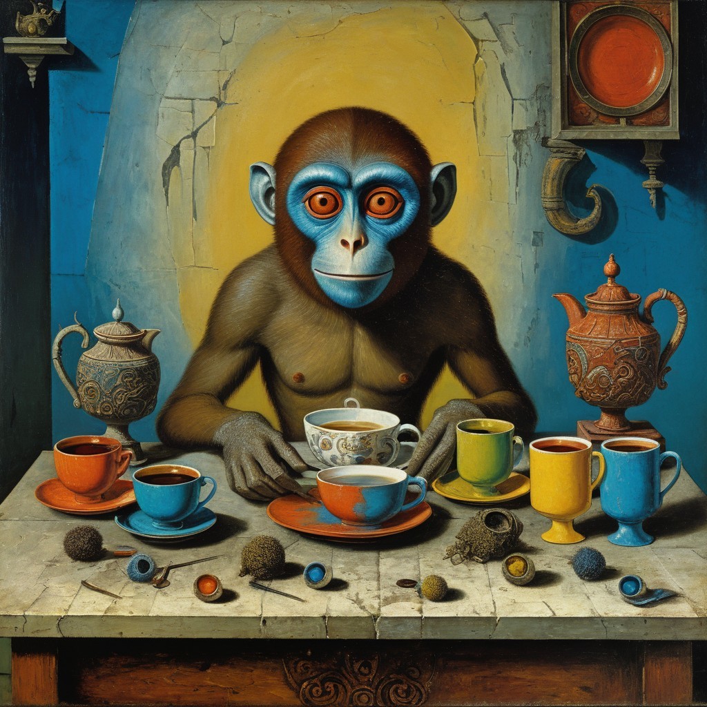 Surreal Scene of a Monkey with Blue Eyes and Teacups