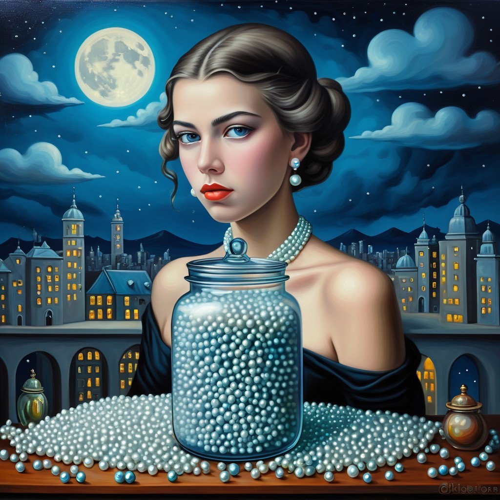 Elegant Woman in Black Dress Against City Nightscape